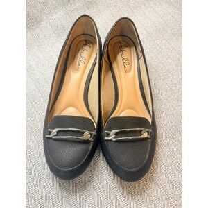 Abella True Comfort Black Leather Wedge Loafers w Silver Bucket Accent Sz 8.5